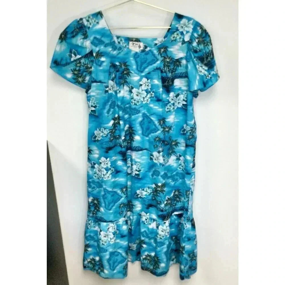 Vintage KY's Womens XL Hawaiian Print Muu Muu Lounge Dress Blue Square Neck‎